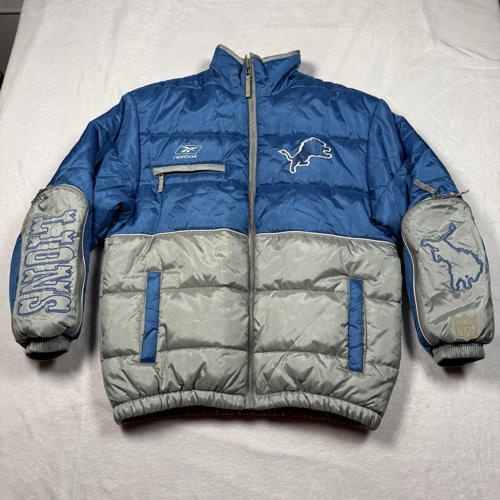 Vtg Y2K Detroit Lions Reebok Puffer Coat Jacket Mens Medium 90s Embroidered NFL - Picture 2 of 10